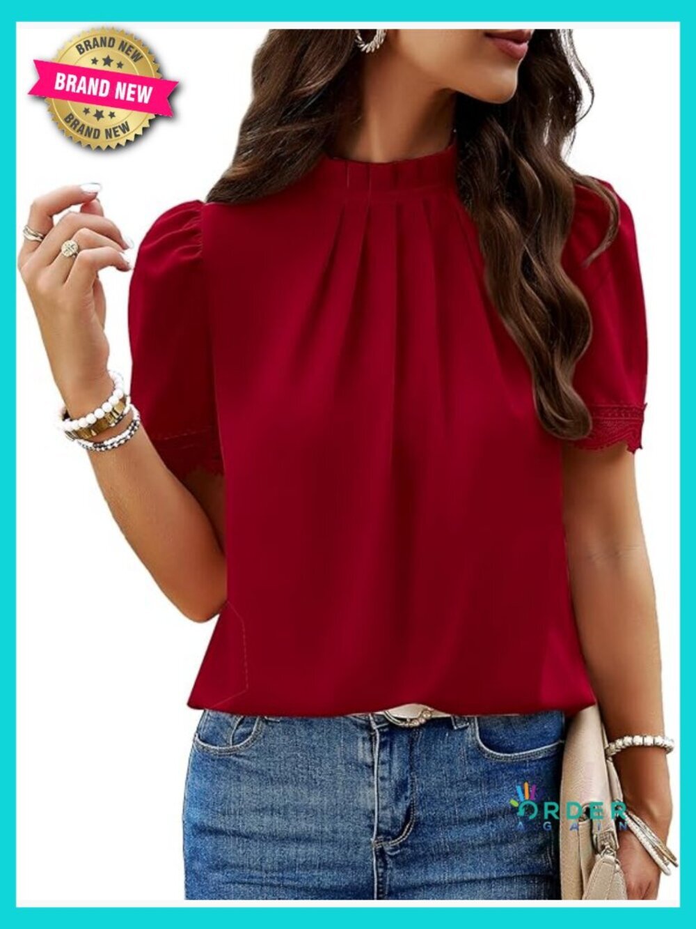 Mock Neck Blouse Lace Trim Puff Sleeves Pleated Detailing Button Back Chic